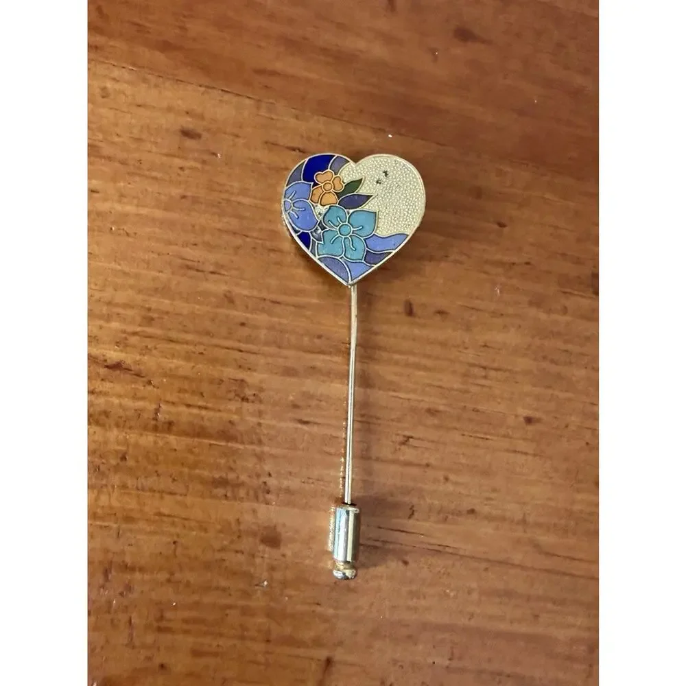 Vintage Cloisonné Floral Heart Stick Pin Gold Tone Blue Orange Enamel Lapel Hat